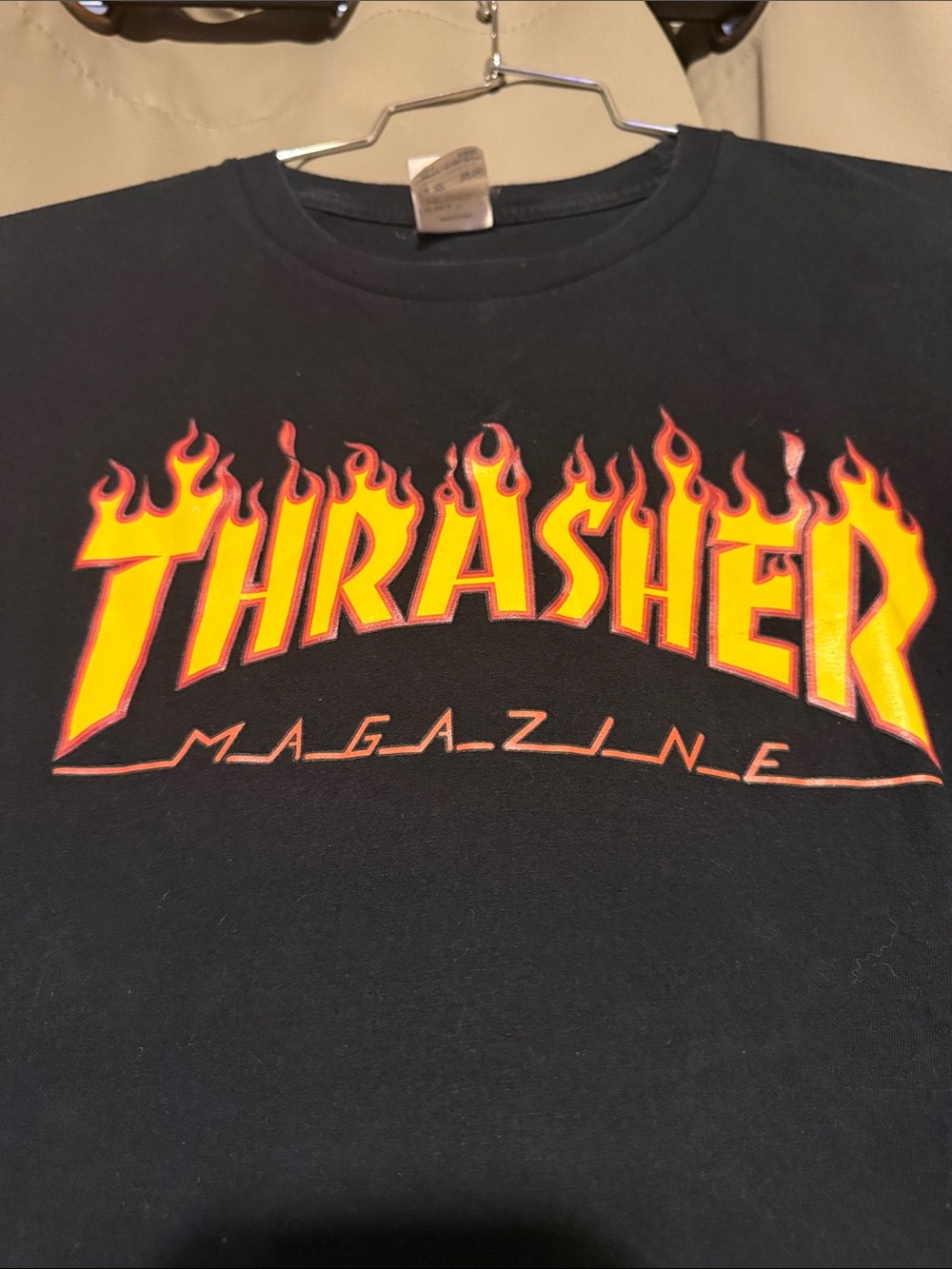 Thrasher Black Tee with Yellow and Orange Flame Logo